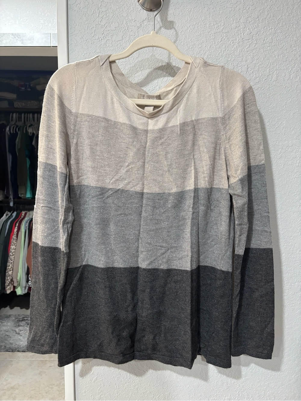 Banana Republic Women's Long-Sleeve Striped Crew in Cream and Gray Tones